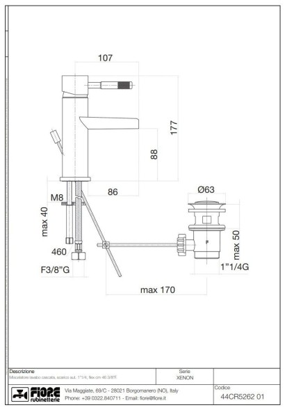 Fiore Xenon, однорычажный смеситель для раковины с каскадным изливом и донным клапаном, излив 107мм, цвет хром