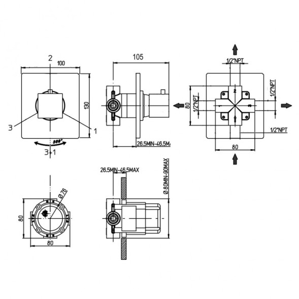 Paini 21CR471 Дивертор для переключения потоков Грация на 3 выхода, встраиваемый, хром