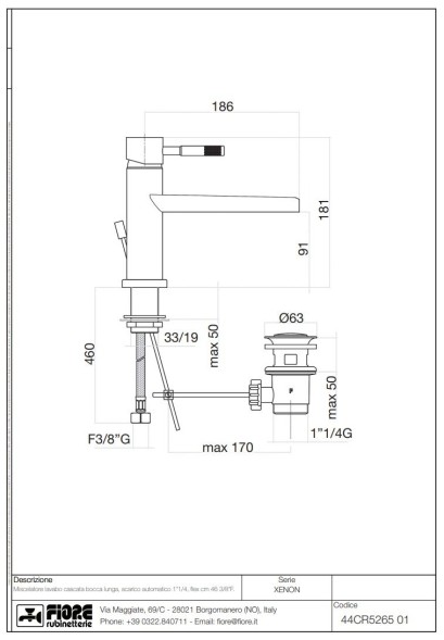 Fiore Xenon, однорычажный смеситель для раковины с каскадным изливом и донным клапаном, излив 186мм, цвет хром