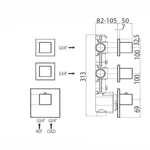 Встраиваемая часть Bossini Z030203000 для термостата для ванны и душа на 3 потребителя с переключателем на 3 выхода с 1 вентилем