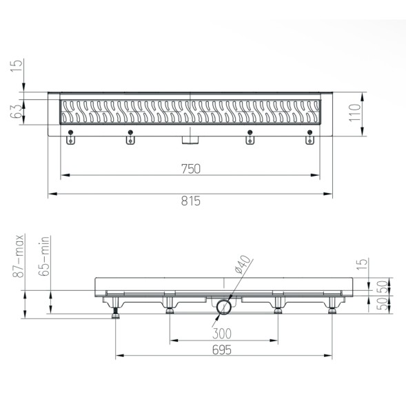 Paini Душевой лоток с рамкой Klasik 750 мм D40, монтаж к стене, глянец