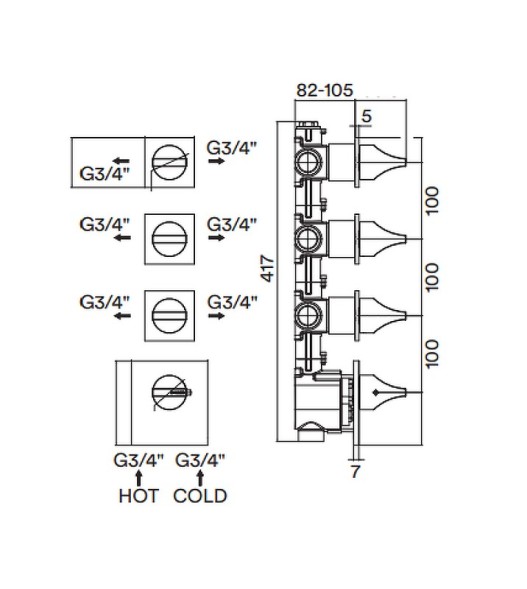 Встраиваемая часть Bossini Z030210000 для термостата для ванны и душа на 5 потребителей с переключателем на 2 выхода и 2 вентилями