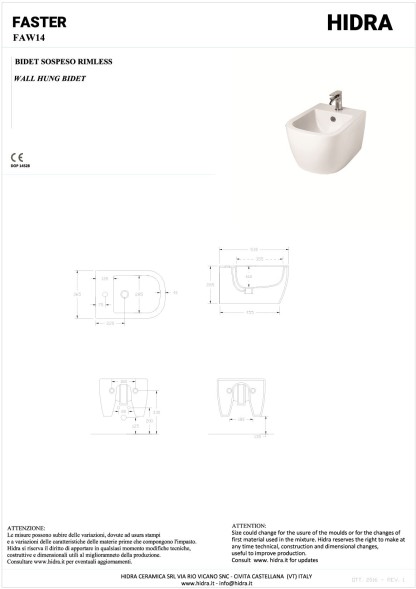 Hidra Faster, подвесное биде c крепежом, 53x36,5x28,5h см, цвет белый матовый