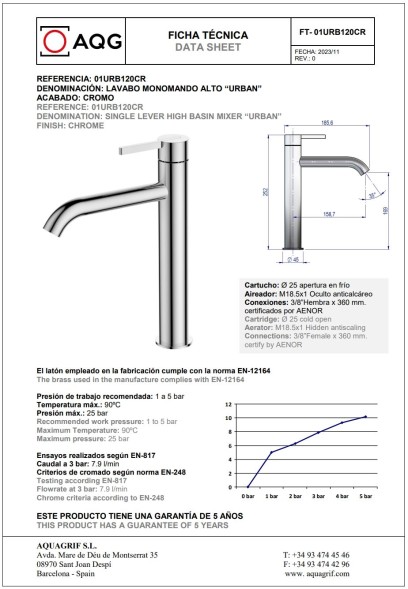 AQG Urban, высокий однорычажный смеситель для раковины без донного клапана, цвет хром