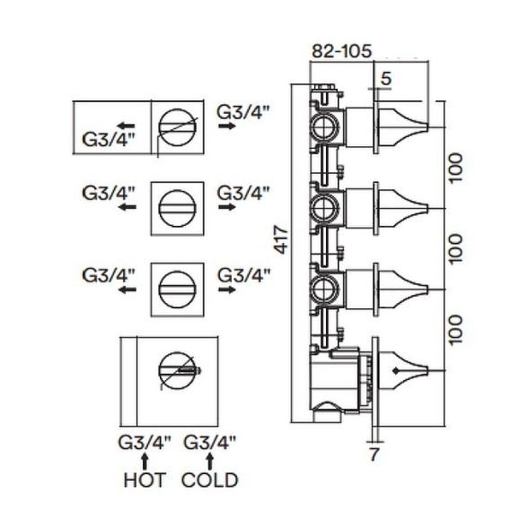 Встраиваемая часть Bossini Z030273000 для термостата для ванны и душа на 6 потребителей с 3 переключателями по 2 выхода