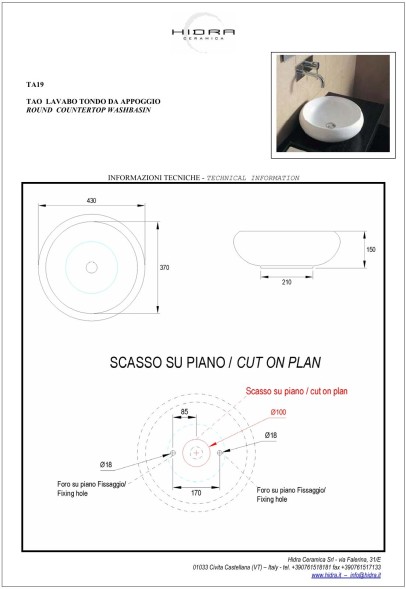 Hidra Tao, накладная круглая раковина Ø43х15h см, цвет белый матовый
