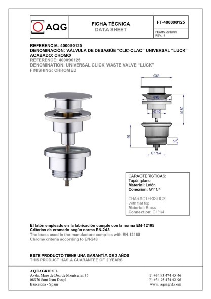AQG, универсальный донный клапан click-clack, цвет хром