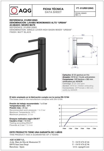 AQG Urban, высокий однорычажный смеситель для раковины без донного клапана, цвет черный матовый