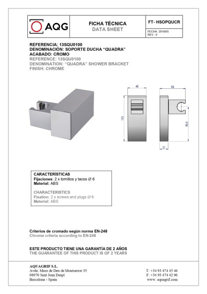 AQG QUADRA, квадратный нерегулируемый держатель для ручного душа, цвет хром