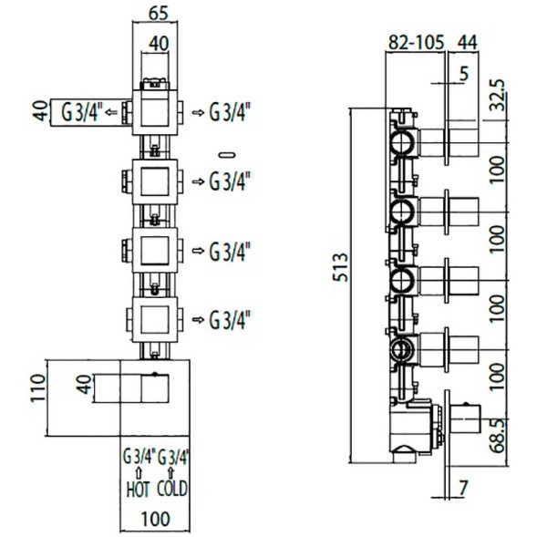 Встраиваемая часть Bossini Z030275000 для термостата для ванны и душа на 5 потребителей с переключением на 2 выхода и 3 вентилями