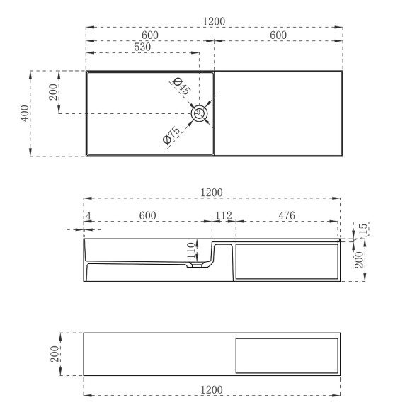 Vincea Раковина Солид Серфейс (Solid Surface)  VWB-6S112MW, 1200*400*200, подвесная, цвет белый матовый