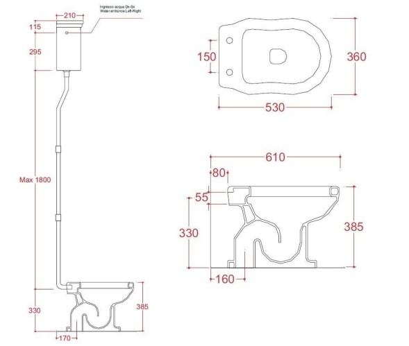 Унитаз Artceram Hermitage с бачком на высокой трубе слив в пол цвет белый/золото HEV002 01 00+HEC004 01 00+HEA006 73