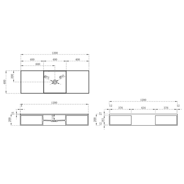 Vincea Раковина Солид Серфейс (Solid Surface)  VWB-6S212MW, 1200*400*200, подвесная, цвет белый матовый