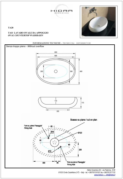 Hidra Tao, накладная овальная раковина 60x40x17h см, цвет белый матовый