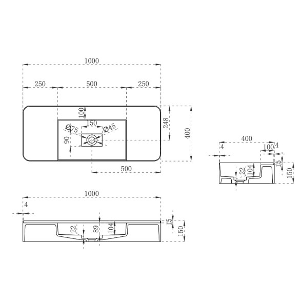 Vincea Раковина Солид Серфейс (Solid Surface)  VWB-6S380MW, 1000*400*150, подвесная, цвет белый матовый
