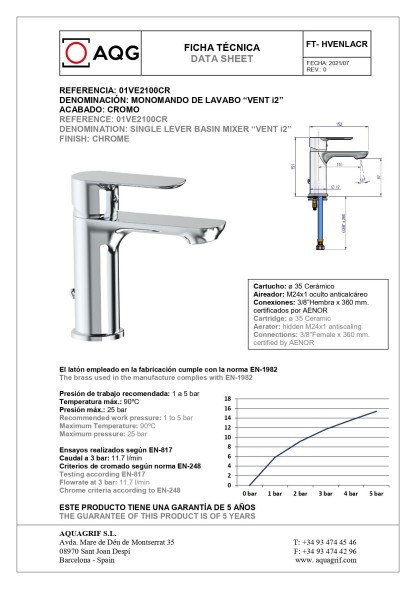 AQG VENT-i2, однорычажный смеситель для раковины без донного клапана, цвет хром