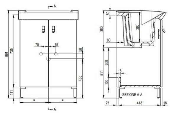 Хозяйственная раковина GEROMIN Bijoux PC65BIJOUX1 с тумбой напольная без отверстия с переливом цвет белый