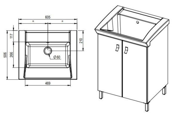 Хозяйственная раковина GEROMIN Bijoux PC65BIJOUX1 с тумбой напольная без отверстия с переливом цвет белый