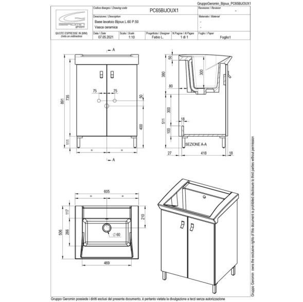 Хозяйственная раковина GEROMIN Bijoux PC65BIJOUX1 с тумбой напольная без отверстия с переливом цвет белый