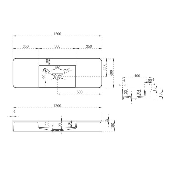 Vincea Раковина Солид Серфейс (Solid Surface)  VWB-6S312MW, 1200*400*150, подвесная, цвет белый матовый