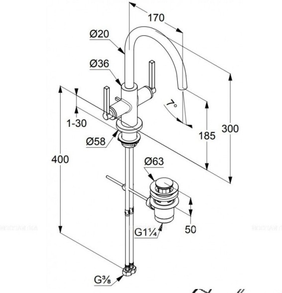 Смеситель KLUDI NOVA FONTE Classic 201183915 для раковины на одно отверстие двухвентильный с донным клапаном