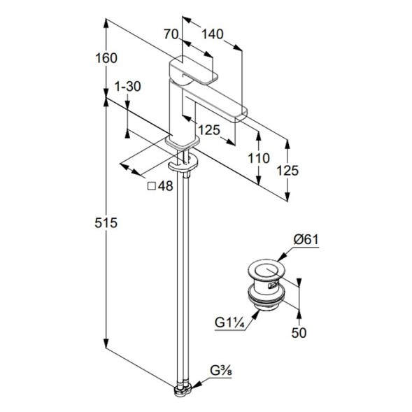Смеситель KLUDI RENON 422880575 для раковины на одно отверстие однорычажный с донным клапаном