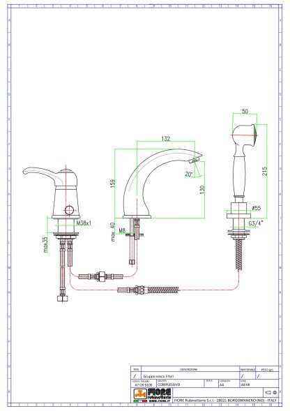 Fiore Jafar, комплект смесителя на борт ванны (излив 13,2 см), на 3 отверстия, с набором для душа, цвет хром