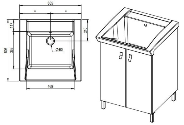 Хозяйственная раковина GEROMIN Bijoux PC66BIJOUX1 с тумбой напольная без отверстия с переливом цвет белый
