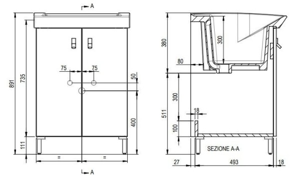 Хозяйственная раковина GEROMIN Bijoux PC66BIJOUX1 с тумбой напольная без отверстия с переливом цвет белый