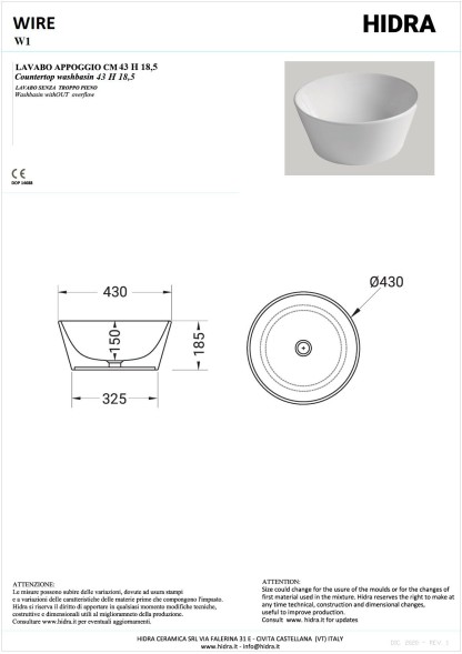 Hidra Wire, накладная круглая раковина Ø43х18,5h см, цвет белый матовый