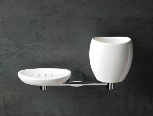 Stil Haus Aria, настенная белая керамическая мыльница и стакан на одном держателе, цвет хром