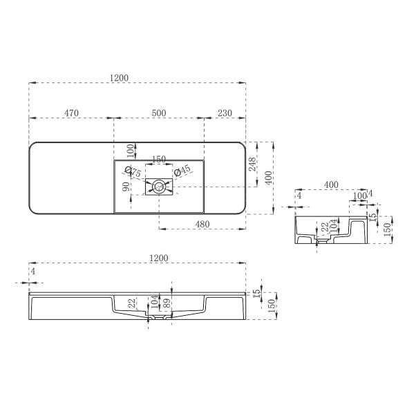 Vincea Раковина Солид Серфейс (Solid Surface)  VWB-6S412MW, 1200*400*150, подвесная, цвет белый матовый