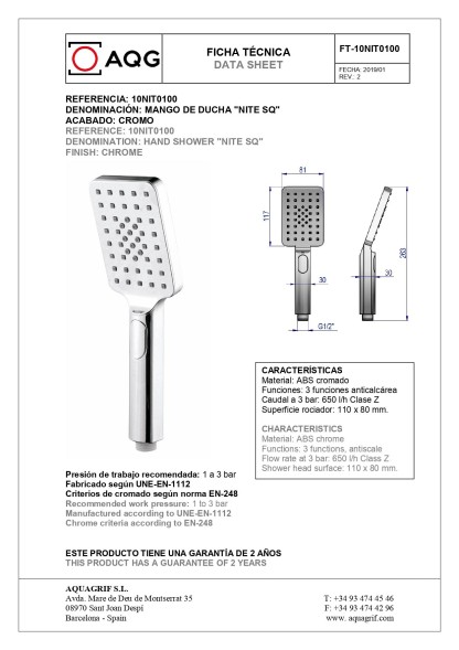 AQG, ручной душ антикальцевый NITE SQ 110х80мм, 2х режимный, цвет хром