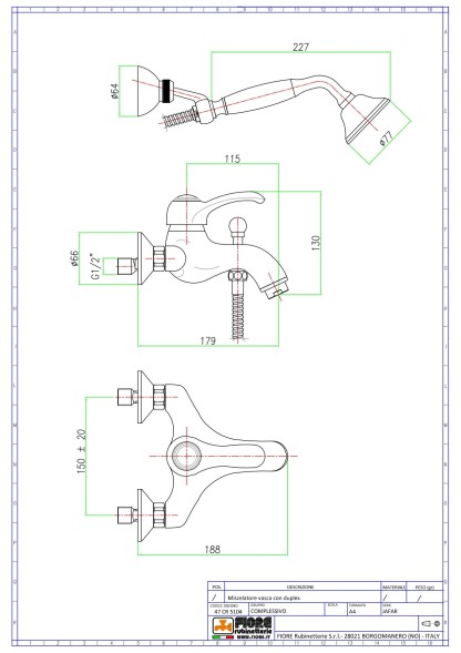 Fiore Jafar, однорычажный смеситель для ванны (излив 17,9 см), с набором для душа, цвет золото