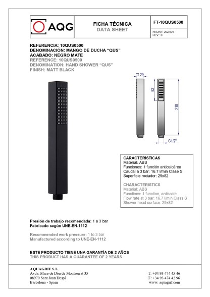 AQG, ручной душ антикальцевый QUS 29х82мм, цвет черный матовый