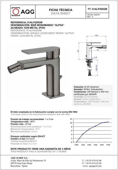 AQG Alpha, однорычажный смеситель для биде без донного клапана, цвет оружейная сталь (PVD)