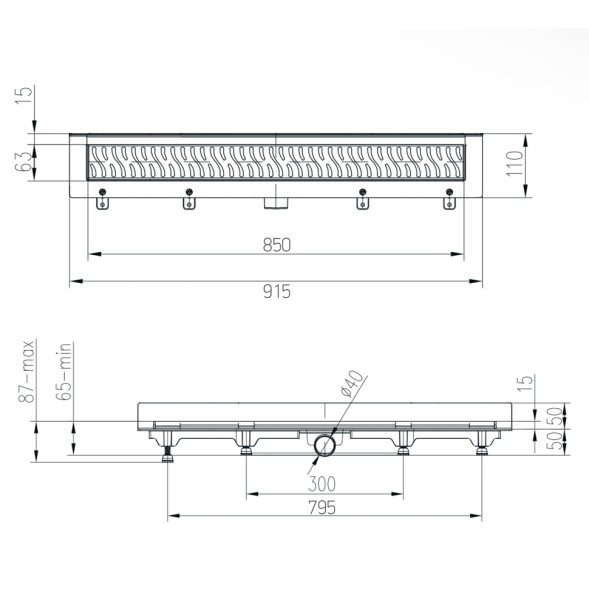 Paini Душевой лоток с рамкой Klasik 850 мм D40, монтаж к стене, глянец