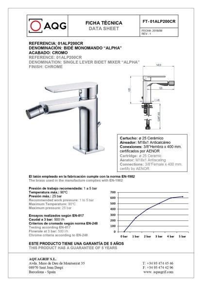 AQG Alpha, однорычажный смеситель для биде без донного клапана, цвет хром