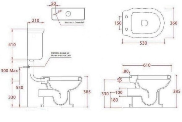 Унитаз Artceram Hermitage со средним бачком слив в стену цвет белый/бронза HEV003 01 00+HEC005 01 00+HEA013 72