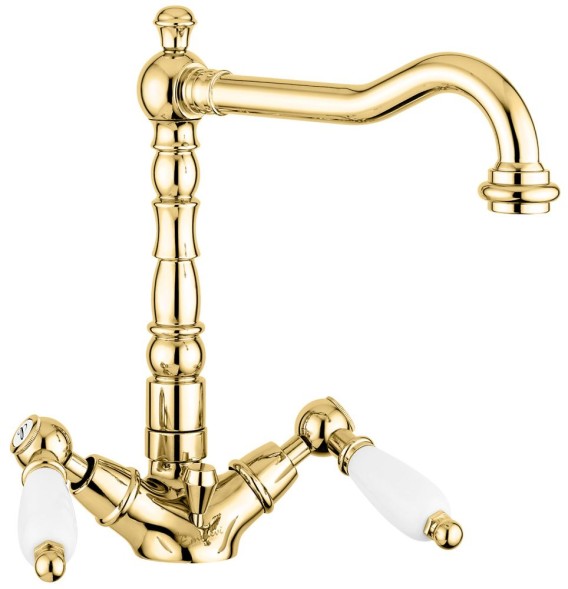 Emmevi Deco Ceramic, двухрычажный смеситель для раковины (излив 19 см), с донным клапаном, цвет золото 121613/OR