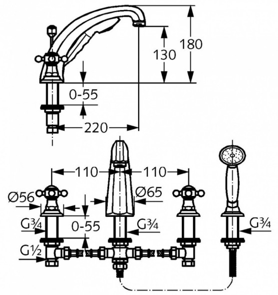Смеситель KLUDI ADLON 5152405G5 для ванны на бортик хрустальные рукоятки «Made with Swarovski® Elements»