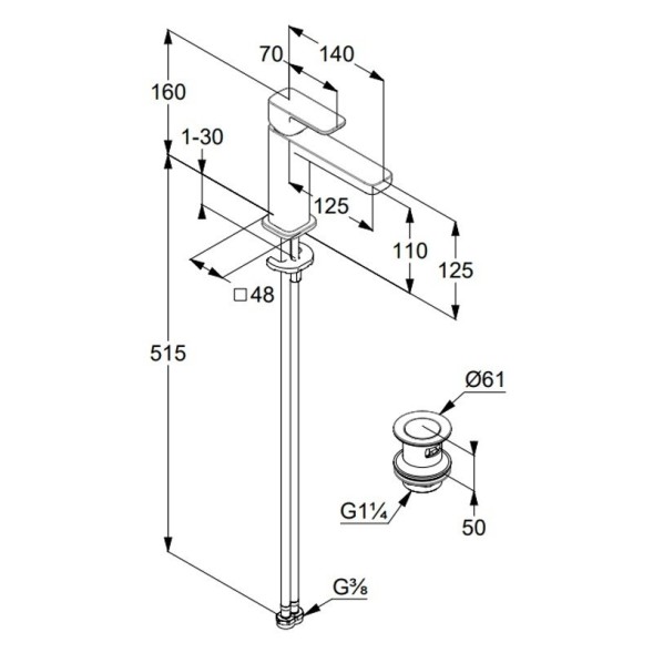 Смеситель KLUDI RENON 42288N275 для раковины на одно отверстие однорычажный с донным клапаном