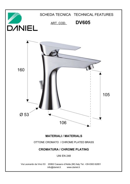 Daniel Diva, однорычажный смеситель для раковины (излив 10,6 см), с донным клапаном, цвет золото