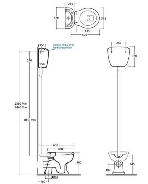 Унитаз GLOBO PAESTUM с бачком на высокой трубе слив в стену цвет белый/бронза PA002BI+PA010BI+BA014+BA011
