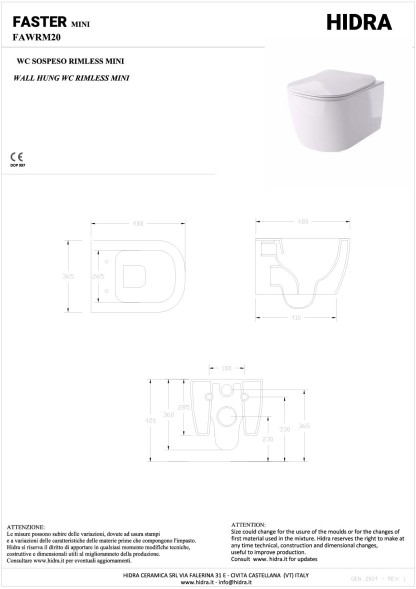 Hidra Faster Mini, подвесной безободковый унитаз c крепежом, 48x36,5 см, антибактериальное покрытие, цвет белый глянцевый