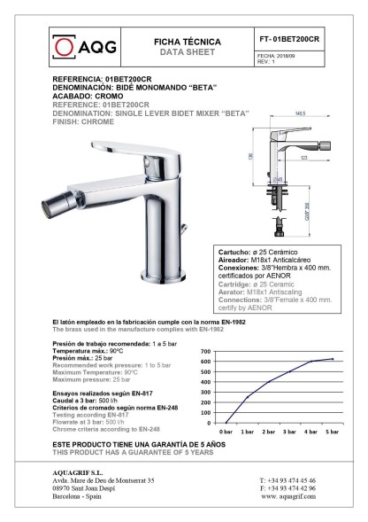 AQG Beta, однорычажный смеситель для биде без донного клапана, цвет хром