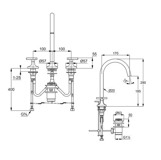 Смеситель KLUDI NOVA FONTE D?co 201430539 для раковины на три отверстия двухвентильный