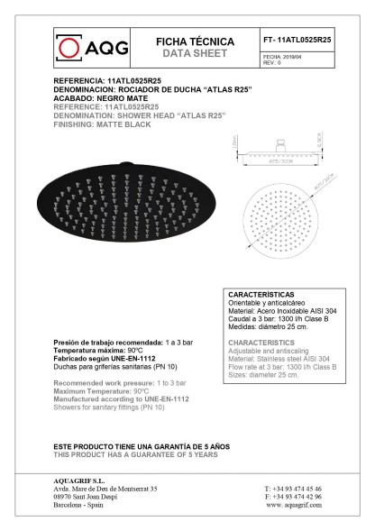 AQG Tube, душевой комплект ER217 на 2 потребителя: с круглым верхним душем 25 см и потолочным кронштейном 20 см, цвет черный матовый