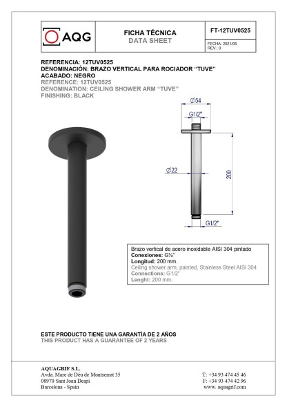 AQG Tube, душевой комплект ER217 на 2 потребителя: с круглым верхним душем 25 см и потолочным кронштейном 20 см, цвет черный матовый