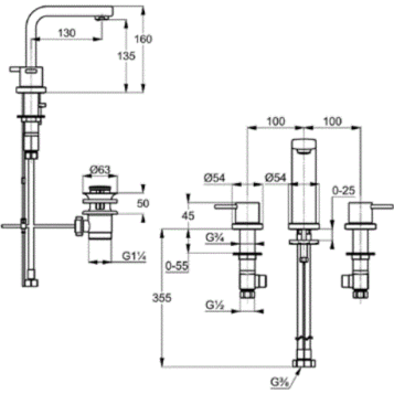 Смеситель KLUDI ZENTA 383930575 для раковины на три отверстия двухвентильный